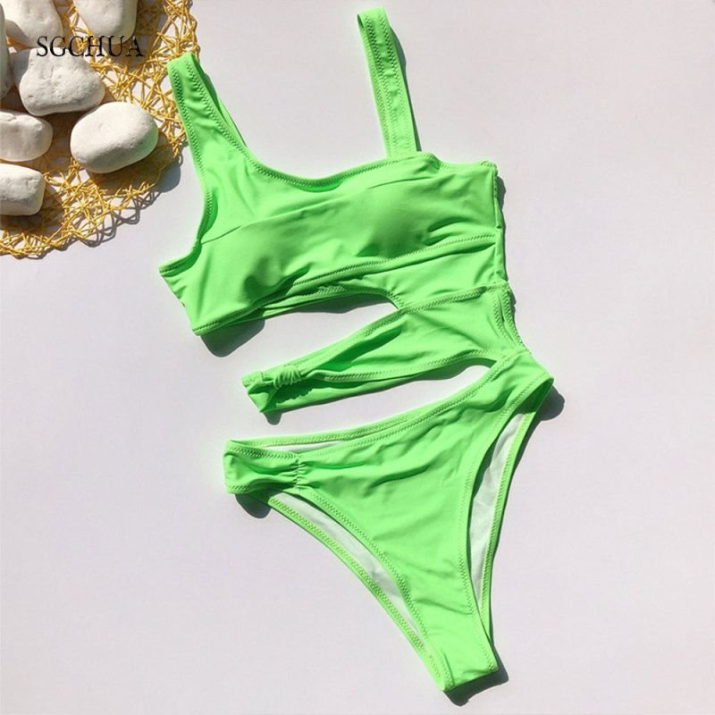 Women Basic Sleeveless Solid Color Cut Out Bandage One Piece Swimwear