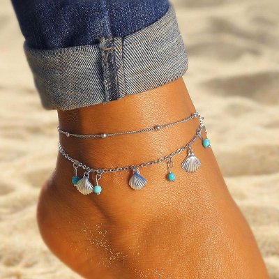 Women Fashion Shell Turquoise Beads Tassel Double-Layer Anklet